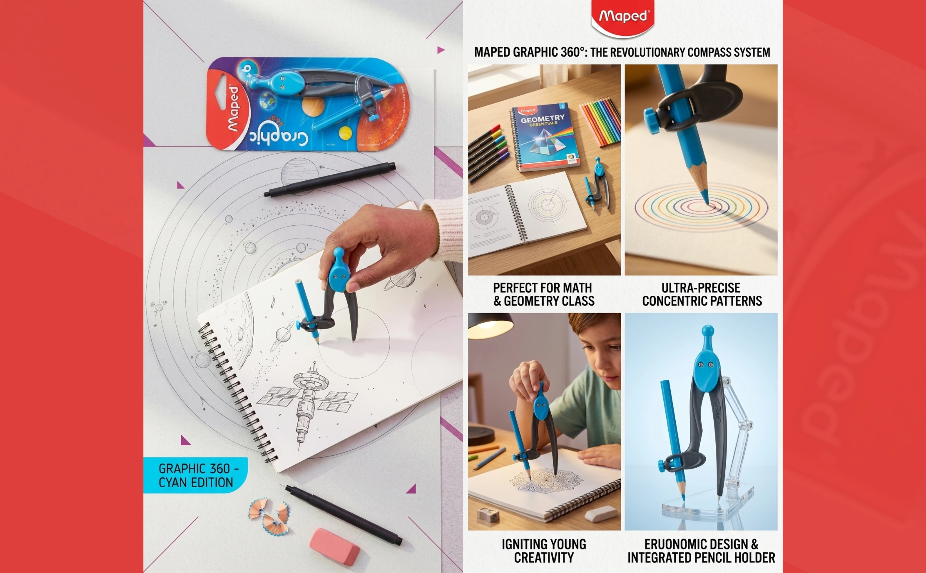 Maped Graphic 360° Precision Compass Set with Universal Holder Pencil & Fineliner (Cyan Edition) A+ content image