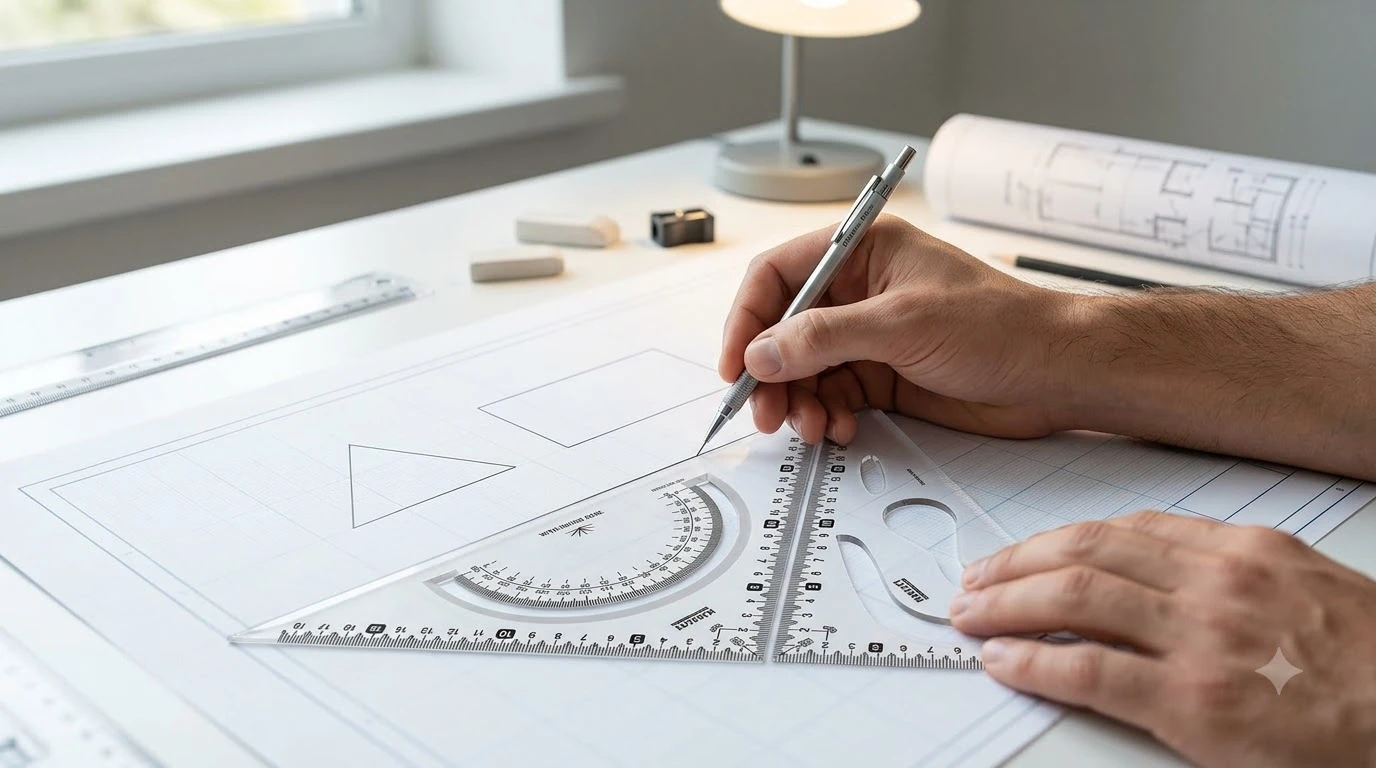 KHYATI Professional Set Square Pair (250 mm × 300 mm) with Integrated Protractor Scale & Inking Edge for Technical Drawing and Drafting A+ content image