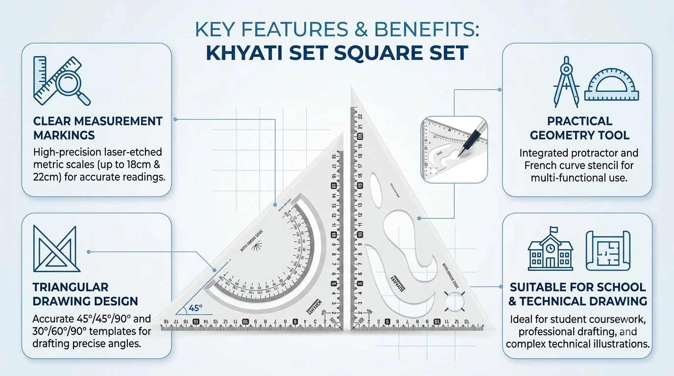 KHYATI Professional Set Square Pair (250 mm × 300 mm) with Integrated Protractor Scale & Inking Edge for Technical Drawing and Drafting A+ content image