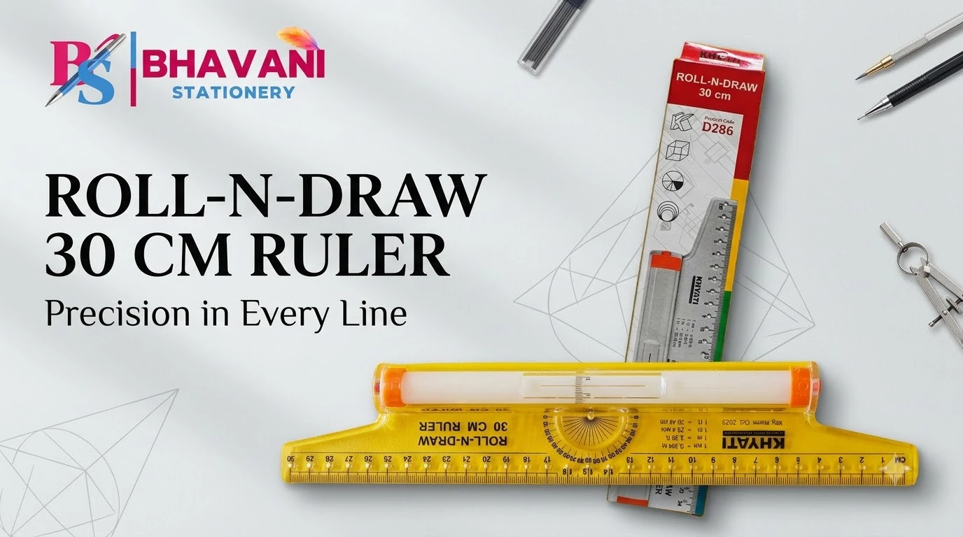 KHYATI D286 Roll-N-Draw 30 cm Multipurpose Rolling Ruler with Built-in Protractor & Conversion Scale for Parallel Lines, Curves, and Technical Drawing A+ content image