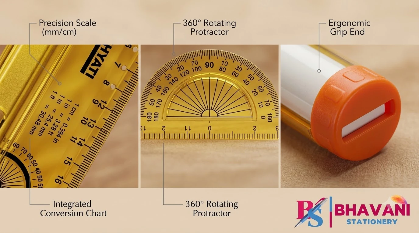 KHYATI D286 Roll-N-Draw 30 cm Multipurpose Rolling Ruler with Built-in Protractor & Conversion Scale for Parallel Lines, Curves, and Technical Drawing A+ content image