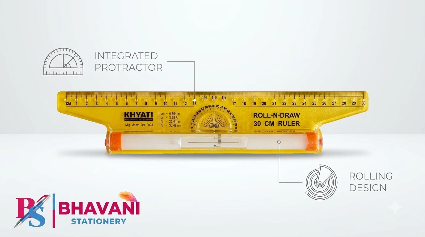 KHYATI D286 Roll-N-Draw 30 cm Multipurpose Rolling Ruler with Built-in Protractor & Conversion Scale for Parallel Lines, Curves, and Technical Drawing A+ content image