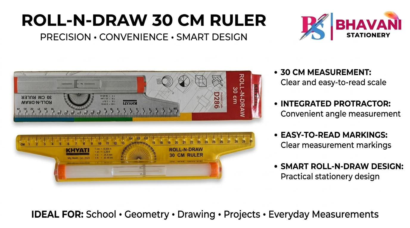 KHYATI D286 Roll-N-Draw 30 cm Multipurpose Rolling Ruler with Built-in Protractor & Conversion Scale for Parallel Lines, Curves, and Technical Drawing A+ content image