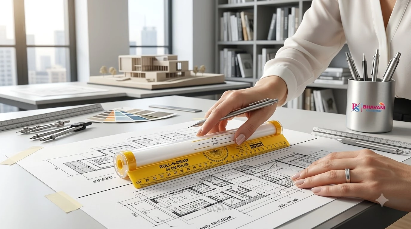 KHYATI D286 Roll-N-Draw 30 cm Multipurpose Rolling Ruler with Built-in Protractor & Conversion Scale for Parallel Lines, Curves, and Technical Drawing A+ content image