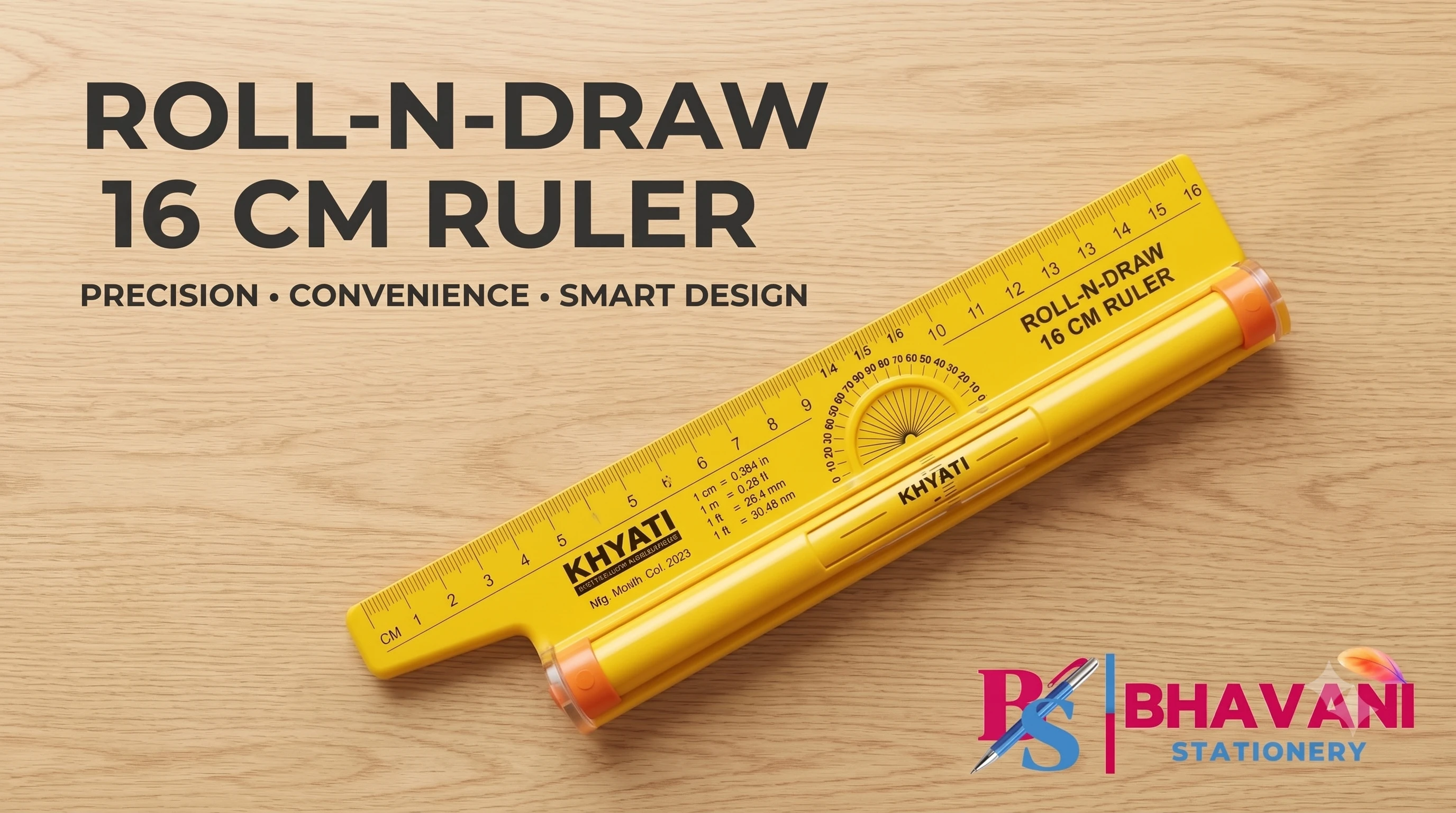 KHYATI D285 Roll-N-Draw 16 cm Compact Rolling Ruler with Built-in Protractor & Conversion Scale for Technical Drawing, Drafting, and Parallel Lines A+ content image