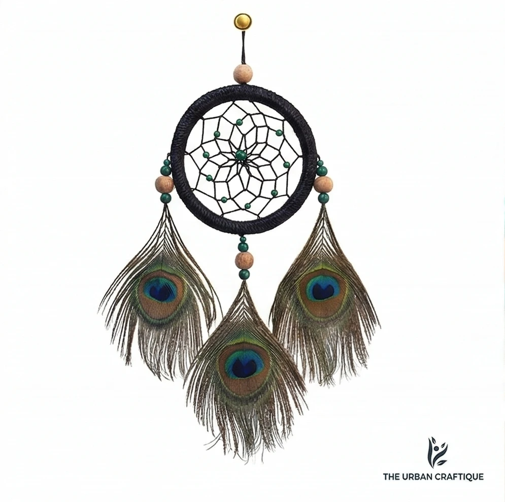 THE URBAN CRAFTIQUE Handcrafted Peacock Feather Dream Catcher – 30cm Small Wall Hanging for Home Decor, Bedroom & Positive Vibes