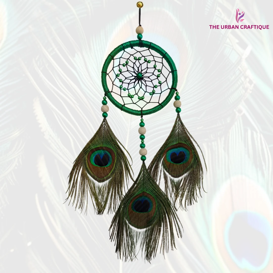 THE URBAN CRAFTIQUE Handcrafted Green Peacock Feather Dream Catcher | Car Hanging & Wall Hanging | Boho Home Decor | Positive Energy Decor