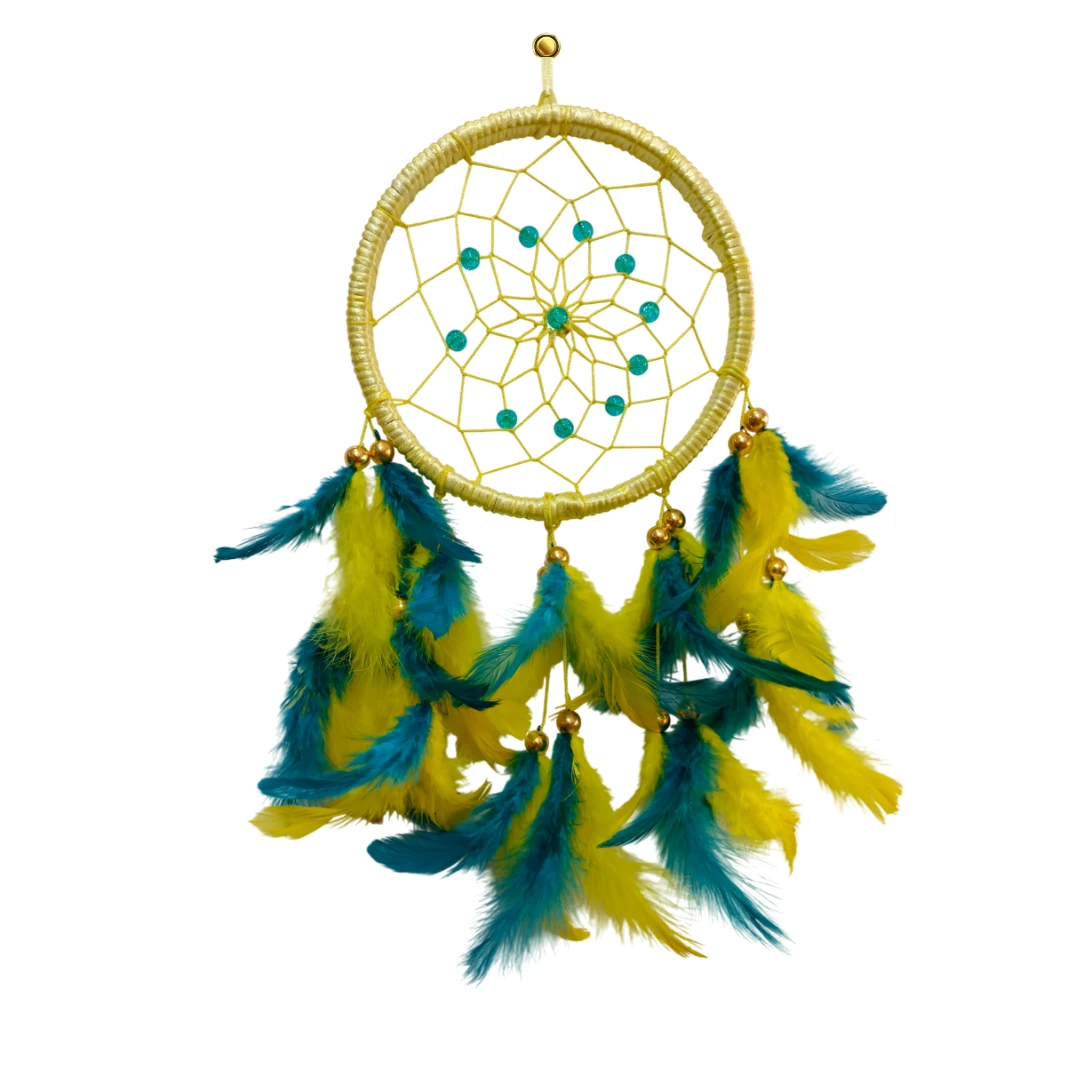 THE URBAN CRAFTIQUE Handcrafted Yellow & Teal Dream Catcher | Premium Feather Wall Hanging | Boho Home & Car Decor | Gift Item