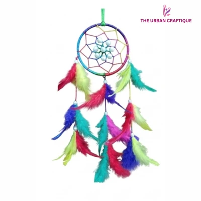 THE URBAN CRAFTIQUE Multicolor Handmade Dream Catcher | Boho Wall Hanging & Car Decor | Feather Hanging for Home & Gifting