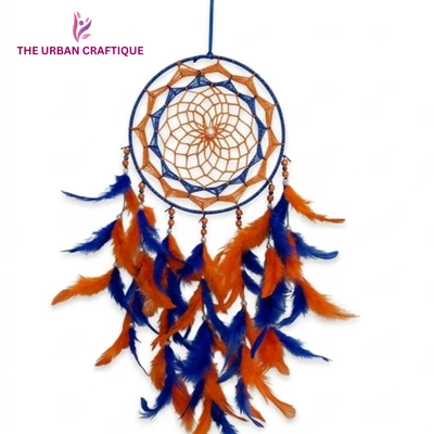 THE URBAN CRAFTIQUE Blue & Orange Handmade Dream Catcher | Boho Wall Hanging & Car Decor | Feather Dream Catcher for Home & Gifting