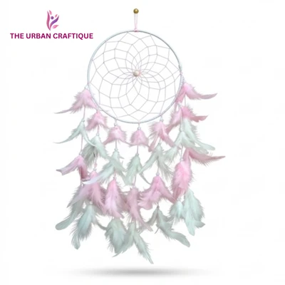 THE URBAN CRAFTIQUE Pastel Pink & Mint Handmade Dream Catcher | Elegant Boho Wall Hanging | Feather Decor for Home, Bedroom & Gifting