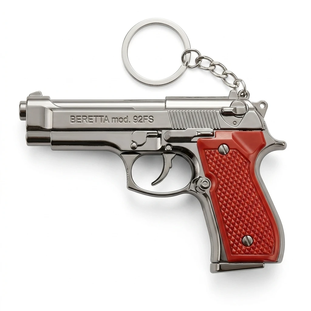 Miniature Semi-Auto Pistol Keychain with Integrated Red Laser Pointer & High-Intensity Side-Mounted LED Flashlight – Realistic Handheld Collectible with Textured Grip and Chrome Finish