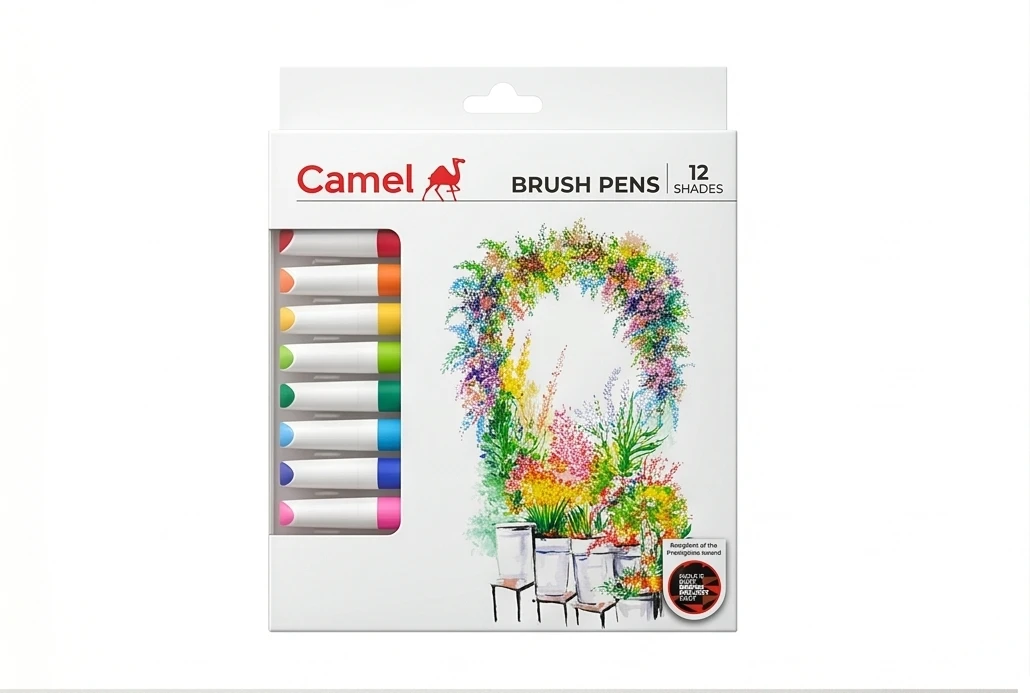 Camel Professional Brush Pens – 12 Vivid Shades with Flexible Fiber Tips for Calligraphy, Sketching, and Illustration