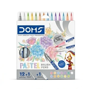 DOMS Pastel Brush Pens – 14-Piece Premium Set with 12 Subtle Shades, 1 Silver Ink Pen, and 1 Blender for Professional Art