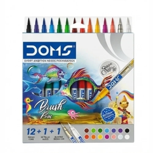 DOMS Professional Brush Pens – 14-Piece Set with 12 Vibrant Colors, Metallic Gold, and Silver for Calligraphy & Design