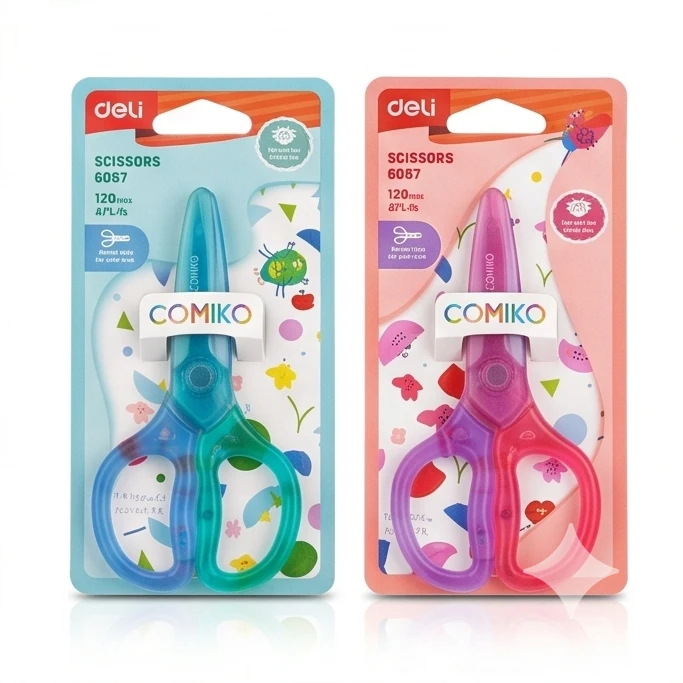 Deli COMIKO 120mm Kids Safety Scissors – Ergonomic Comfort Grip & Precision Blades for Arts, Crafts, and School (Blue/Pink Variants)