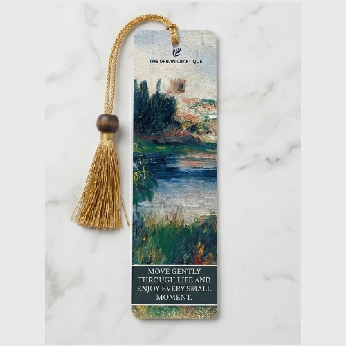 THE URBAN CRAFTIQUE Artistic Nature Bookmark with "Move Gently" Quote, Impressionist Oil Painting Design, Premium Gold Tassel and Wooden Bead – Aesthetic Gift for Readers