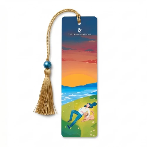 THE URBAN CRAFTIQUE Serene Sunset Illustration Bookmark with Elegant Gold Tassel and Blue Pearl Bead – Aesthetic Handcrafted Bookmark for Dog Lovers and Readers