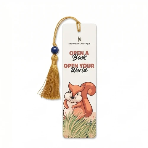 THE URBAN CRAFTIQUE "Open Your World" Squirrel Illustration Bookmark with Elegant Gold Tassel and Royal Blue Bead – Cute Inspirational Handcrafted Gift for Kids and Book Lovers