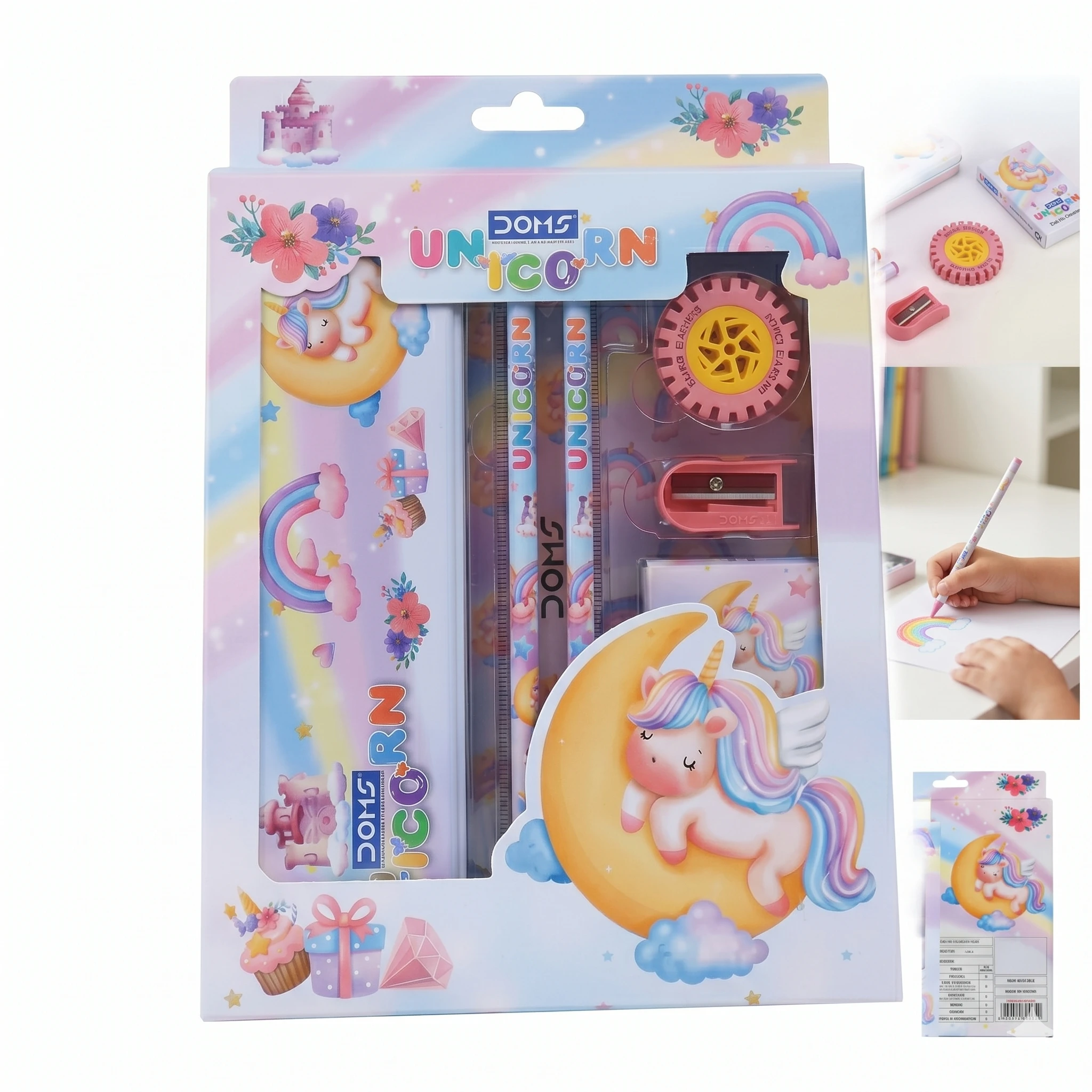 DOMS Unicorn Dream Premium Stationery Kit – Deluxe 7-Piece All-in-One Art & Writing Set with Metal Pencil Box for Students